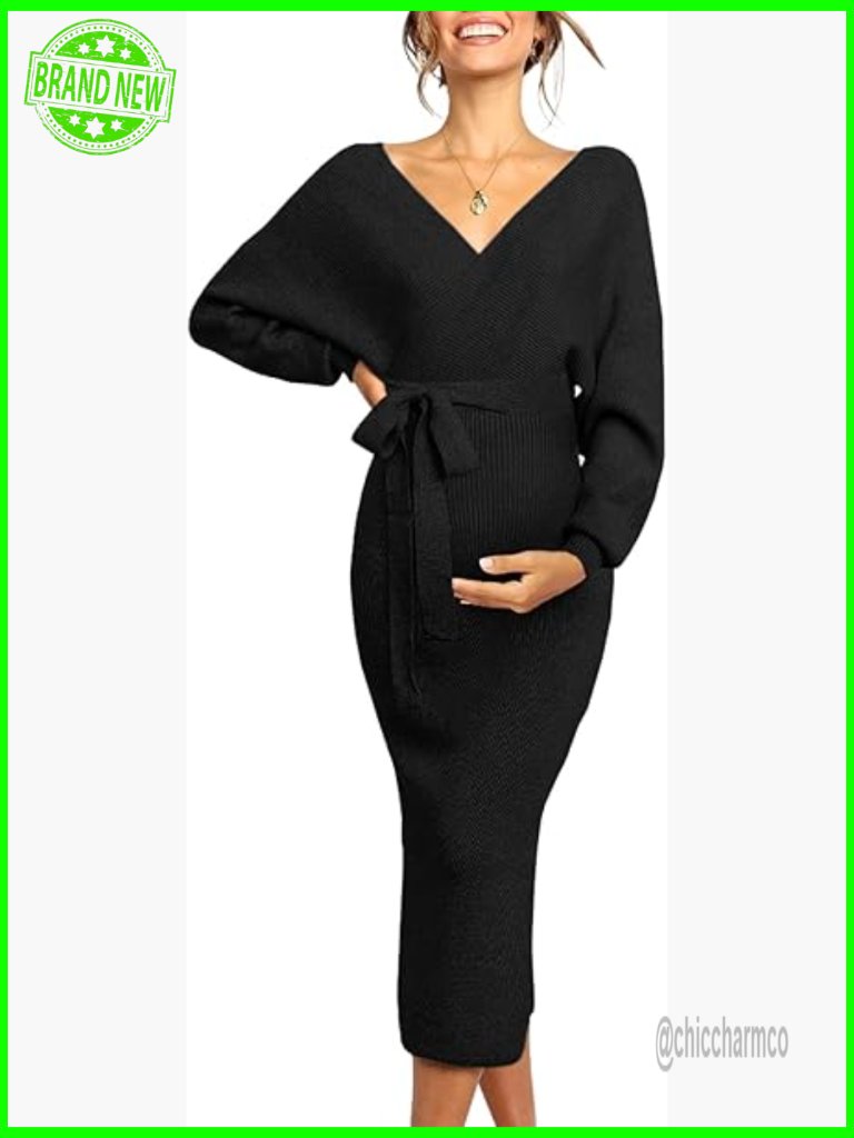 Maternity Nursing Sweater Dress Maxi V-Neck Long Sleeve Wedding Guest